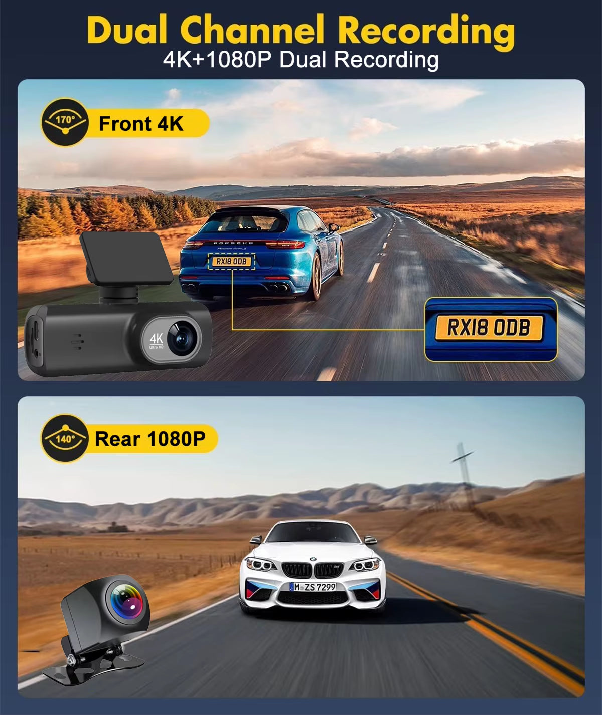 Dash Cam 4K+1080P Dual-Channel Dash Car Camera Recorder with GPS Wifi Car DVR 24H Parking Monitor Black Box