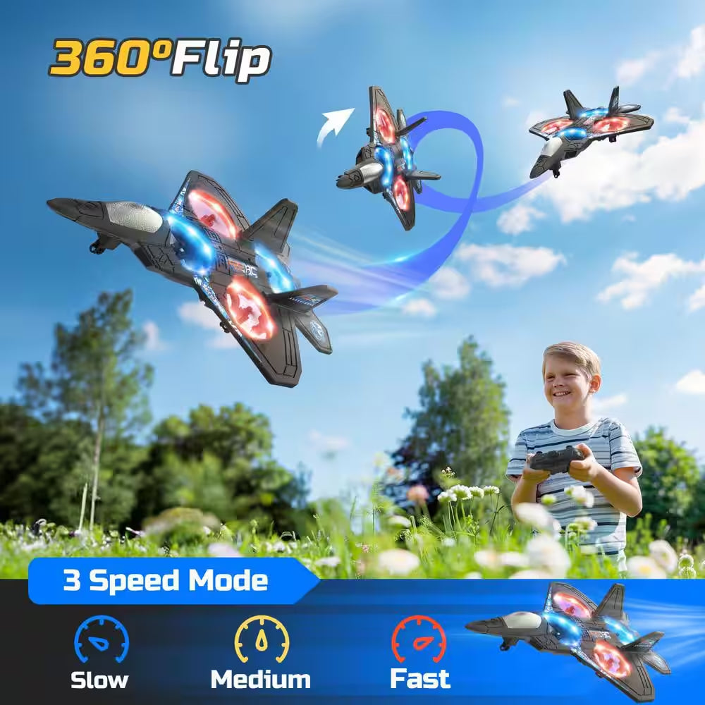 3-Speed Mode Airplane Drone for Kids Remote Control Plane Fighter Jet with Light, Auto Hovering, 360° Flip, Black Finish