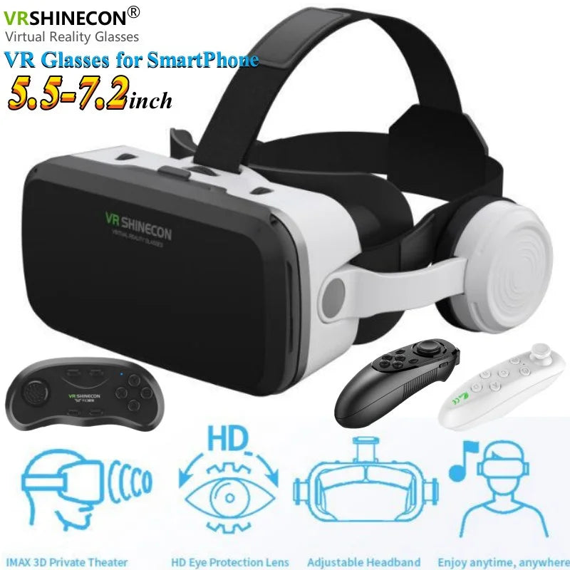 G04EB VR Glasses 3D Virtual Reality Glasses Google Cardboard Box Stereo Mic Headset Helmet for 5.5-7.2" Phone,Support Joystick