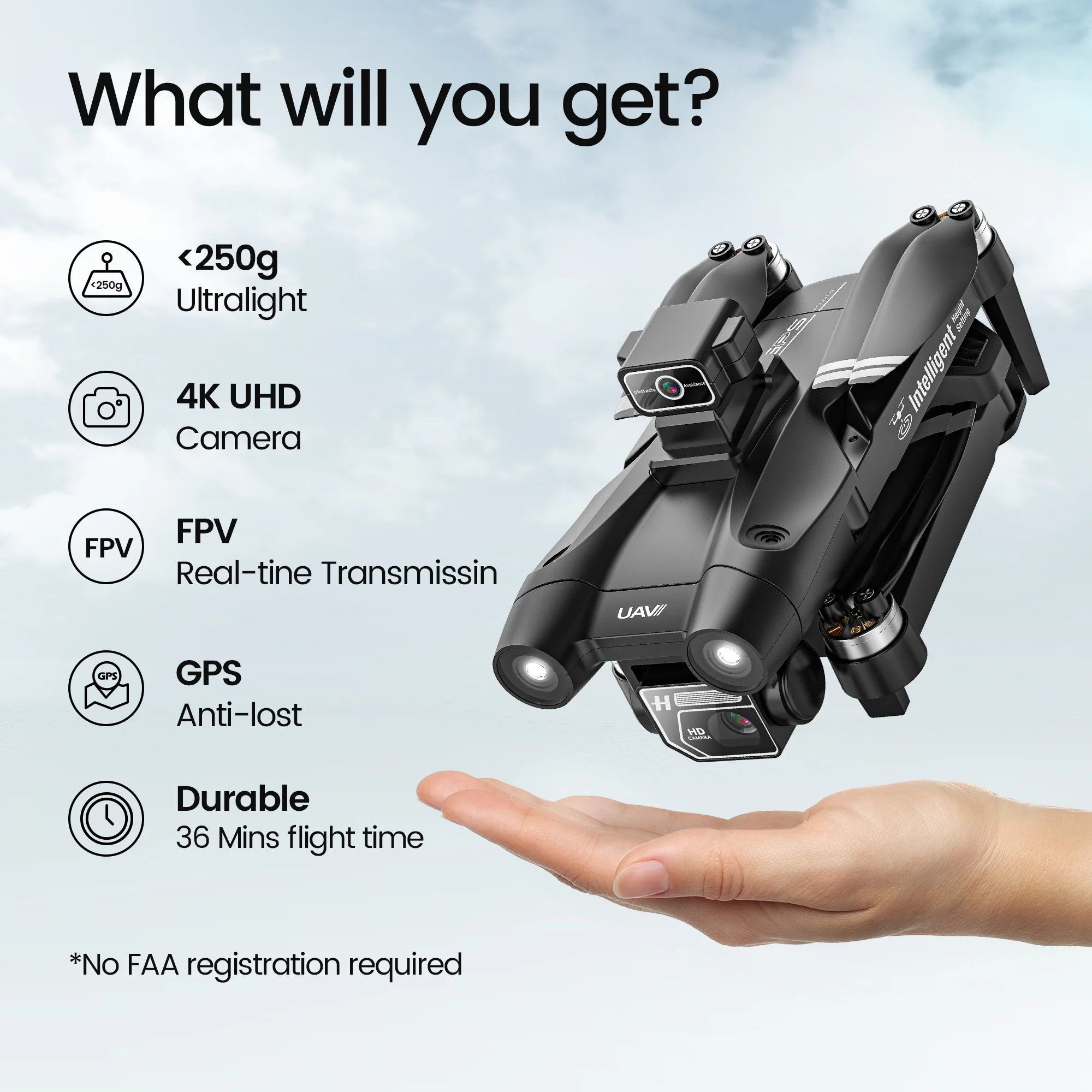 DEERC D75 GPS Drone with 4K Camera for Adults, Brushless Motor, Auto Return Home, 2 Batteries, Black