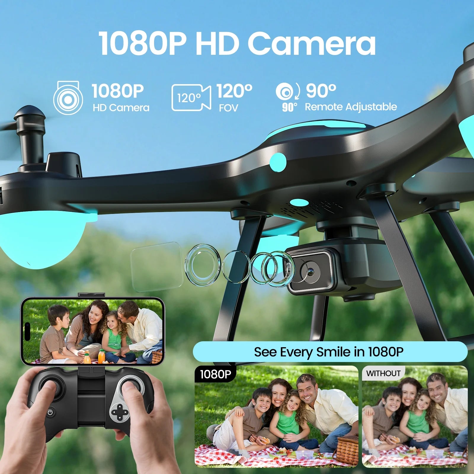 Drones for Kids with 1080P Camera, Lightweight  WF13 Upgraded Quadcopter Beginners, One-Key Takeoff, Optical Flow Hover, 2 Batteries, Black