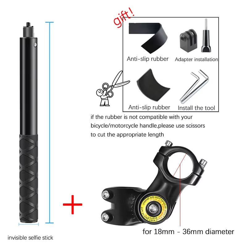 Motorcycle Handlebar Mount Invisible Adjustment Selfie Stick Bicycle Monopod for Gopro DJI Insta360 One R Camera Accessory