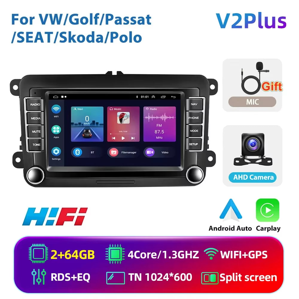 Podofo 2 Din Android 11 Radio Car Multimedia Player Carplay for Vw/Volkswagen/Golf/Polo/Tiguan/Passat/B6/Seat/Leon/Skoda/Octavia