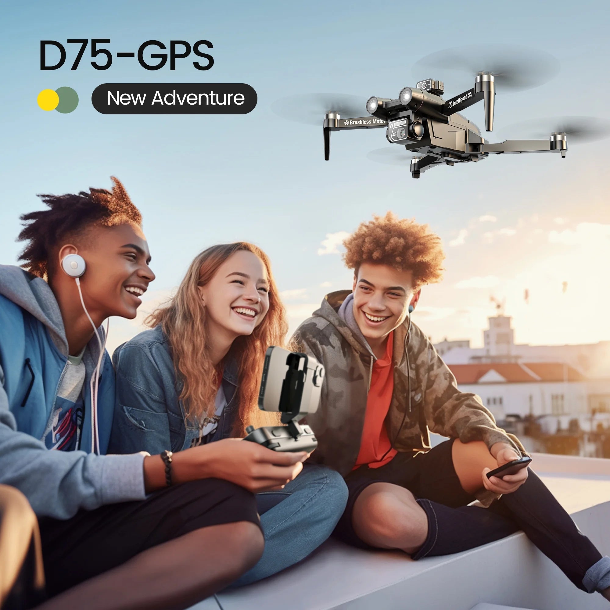 DEERC D75 GPS Drone with 4K Camera for Adults, Brushless Motor, Auto Return Home, 2 Batteries, Black